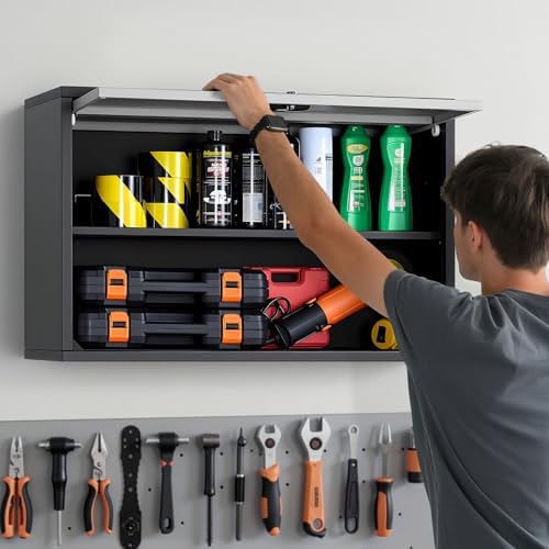 VEVOR Metal Wall Cabinet, 30.31 x 12.01 x 19.69 Inch, Floating Garage Tool Cabinet with Up-Flip Door and Shelf, 240 lbs Load Capacity, Fit for Garage, Basement, Kitchen, Warehouse Assembly Required