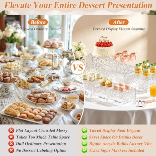 Acrylic Buffet Risers with Mini Sign and Maker, Clear Hammered Water Ripple Dessert Display Stands for Catering Cakes Cupcakes Desserts Drinks Décor Acrylic Display Risers Stackable Nesting Storage
