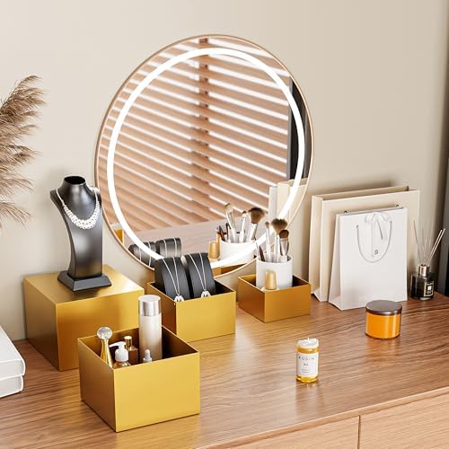 Metal Buffet Risers,4PCS Food Risers for Buffet Table 5in to 8in Display Stand with Mini Acrylic Signs for Catering Dessert Collectibles Jewelry Figures Show Gold Cube Boxes Nesting Risers with Hollow Bottoms