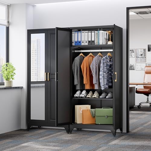 SteeLoong 71”Armoire Wardrobe Close,Black Wardrobe Cabinet with Mirror Door