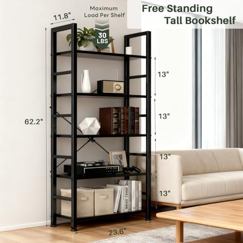 5 Tier Bookshelf, Free Standing Bookcase with Open Storage Shelves