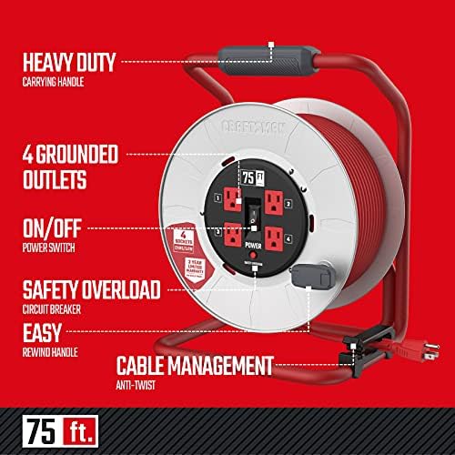 CRAFTSMAN 75 Ft. Contractor Retractable Cord Reel, 4 Grounded Outlets