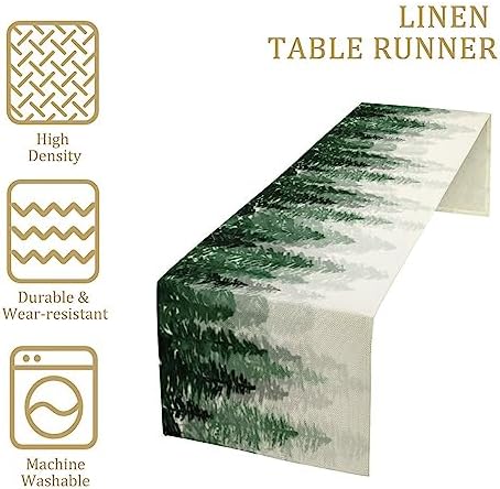 Green Forest Pine Trees Table Runner, Woodland Tabletop Scarf Home Kitchen Holiday Decor, Seasonal Farmhouse Rustic Dining Decorations Party Supply 13 X 36 Inch