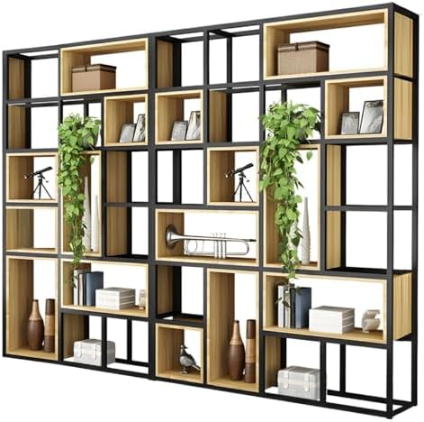 Wood Industrial Cube Bookcase with Shelves & Open Back Iron Bookshelf Floor Steel & Wood Shelf Multi-Layer Shelf Storage Rack Office Partition Display Rack Natural 110.2" L x 9.8" W x 94.5" H