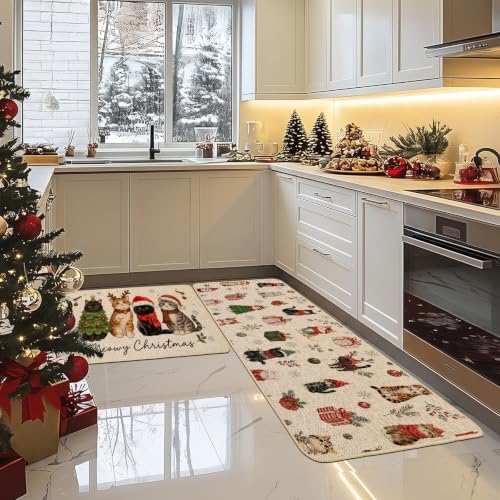 Baccessor Meowy Christmas Kitchen Rugs Set of 2 Cats 17x29 and 17x47 Inch