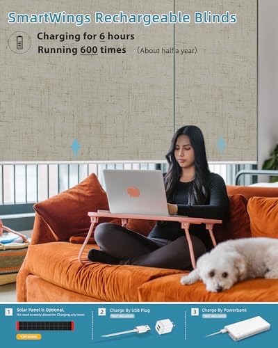 SmartWings Motorized Smart Roller Shades, 100% Blackout Linen Stone