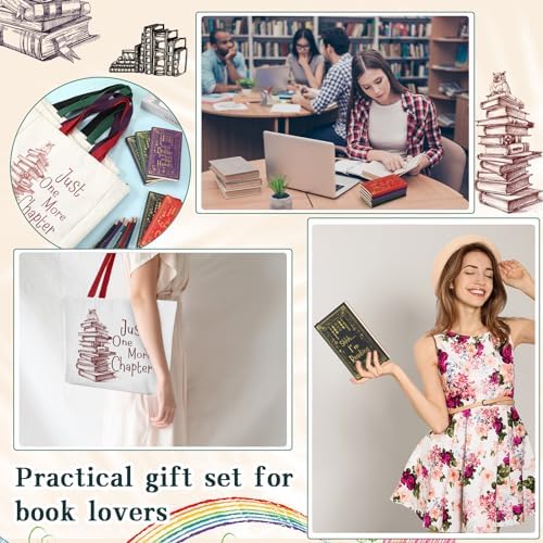 Fulmoon 10 Set Christmas Book Club Gifts Bulk Book Lovers Canvas Tote Bags with Notebooks Ballpoint Pens for Bookish Librarian Reader Women Gifts