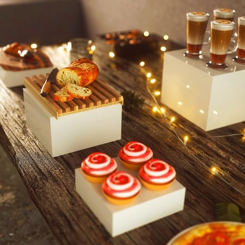 8” Buffet Risers with Mini Signs, Buffet Table Risers and Stands, Acrylic Cube Display Box for Catering Party Table Food Display, Dessert, Cakes - White, Set of 4 Boxes (4 Pack)