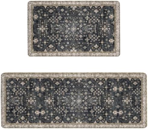 Boho Cushioned Anti Fatigue Mats for Kitchen Floor,Modern Farmhouse Charcoal Floral Non-Slip Water Resistant Runner Comfort Foam Standing Rugs Non Skid for Home Sink,Office,Laundry 17"x47"+17"x30"