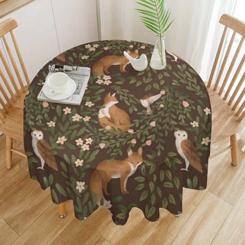 Woodland Animals Tablecloth, Rustic Forest Fox Owl Bird Green Plants Leaves Print Table Cover for Farmhouse Kitchen Dinning Indoor Outdoor Party Decor, 36x36in