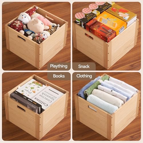 KIRIGEN Stackable Wood Storage Cube with Handles, Open Crate Bin, Natrual