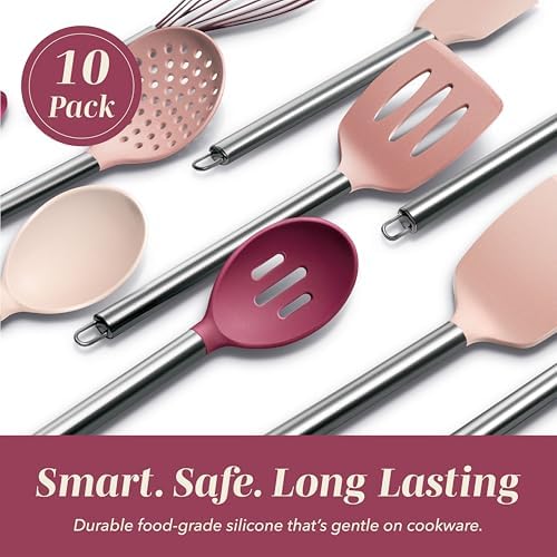 COOK WITH COLOR Silicone Cooking Utensils, Kitchen Utensil Set, Easy to Clean Silicone Kitchen Utensils, Cooking Utensils for Nonstick Cookware, Kitchen Gadgets Set, 10 Pieces, Rose