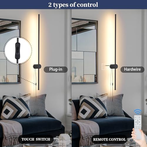 KELUOLY Dimmable Plug in Wall Sconce Set of 2,Black 39.37" LED Wall Light with Remote,Adjustable Color Temperature Brightness,Wall lamp with Timer for Living Room,Bedroom and Accent Lighting