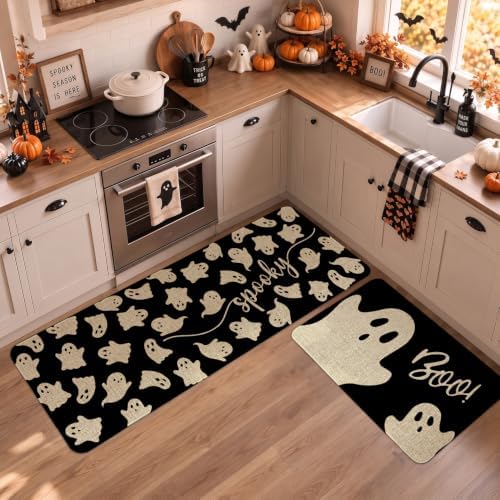 Halloween Ghost Kitchen Mat Decor, Black Halloween Kitchen Rugs Set of 2