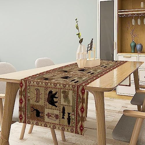 Vintage Rustic Cabin Bear Table Runner,Cottage Country Style Pine Tree Elk Wildlife Dinner Runner for Home Kitchen Dining Table Decoration 13"x60"