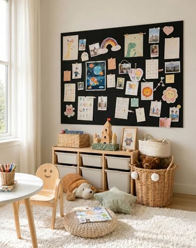 Aothia Felt Bulletin Board Tiles, 12-Pack 48"x36" Large Pin Board for Wall, Modern Cork Board Alternative for Notes, Photos, Memo & Office Organization, 70 Adhesive Tabs & 40 Push Pins, Black