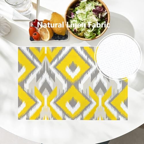 Batmerry Yellow and Gray Retro Ikat Pattern Linen Placemats Set of 6, Geometric Washable Table Mats for Kitchen Table Thickened Heat Insulation Dining Set Indoor Outdoor 12X18 in