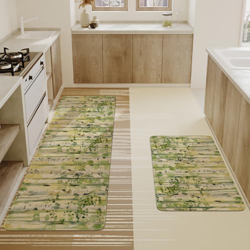 Spring Summer Farmhouse Kitchen Rugs and Mats Set of 2,Green Watercolor Birch Trees Enchanted Forest Non Slip Washable Floor Sink Mats Decorations for Home Kitchen 18"x48"+18"x30"