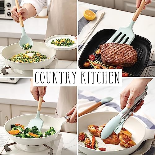Country Kitchen Non Stick Silicone Utensil Set with Rounded Wood Handles for Cooking and Baking, 38 Piece Set, Mint