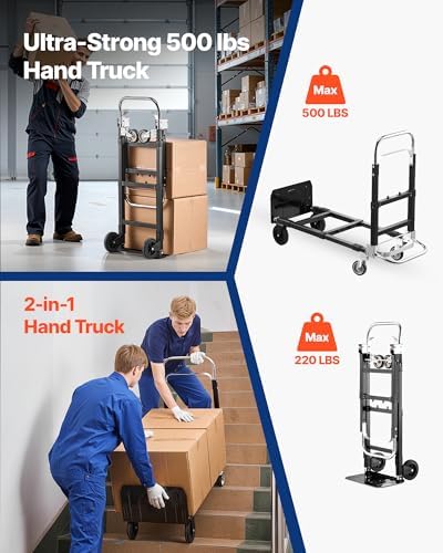 VEVOR 2 in 1 Folding Hand Truck, 500 lbs Load Capacity, 4-Wheel Mode Dolly