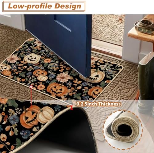 Baccessor Halloween Kitchen Rugs Set of 2, Spooky Pumpkin Floral Black Kitchen Mats Low-Profile Non Slip Washable Rugs for Floor Home Decor 17x29 and 17x47 Inch
