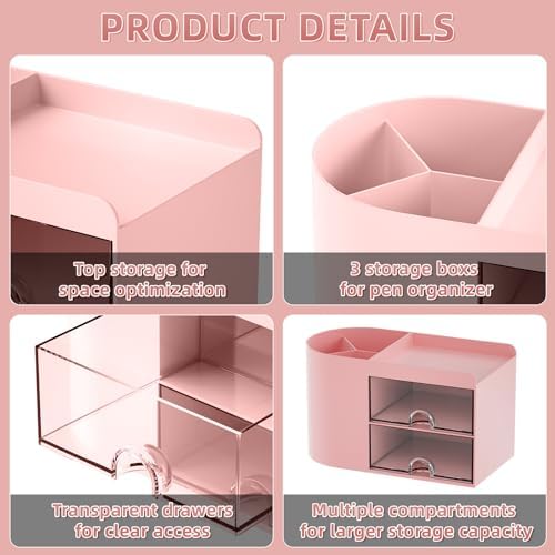 Marbrasse Small Desk Organizer with Drawer, Multi-Functional Pen Pencil Holder Storage Box, Desk Organizers and Accessories with 4 Compartments + 2 Drawer for Office Art Supplies(Pink)