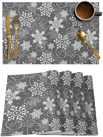 Christmas Placemats Set of 4, Grey White Snowflakes Pattern Heat Resistant Washable Table Place Mats Winter Cotton Table Linens Party Holiday Decor for Kitchen Dining Outdoor Indoor