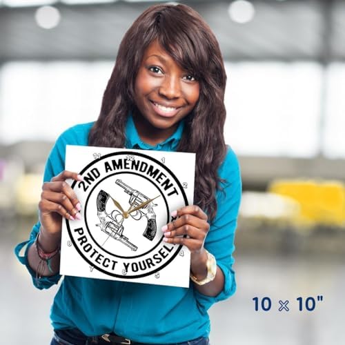 3dRose Wall Clock Silent - 10 inch - 2nd Amendment Protect Yourself in a Double Circle with Gun Clipart. - Stamp City - Typography