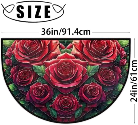 Valentine Rose Flower Half Round Door Mat Non Slip Washable Semi Circle Area Rug Absorbent Soft Half Moon Rug Floor Mat for Indoor Outdoor Kitchen Bathroom Patio Front Door Mat Decor