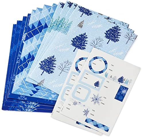 Hallmark Recyclable Flat Wrapping Paper Sheets with Cutlines on Reverse (12 Folded Sheets with Sticker Gift Tags) Winter Blue Plaid, Trees, Navy Blue, Light Blue, White, Gray (0005EW 1016) (Pack of 2)