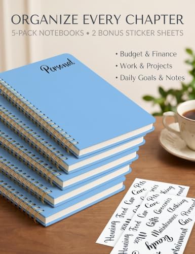 5 Pack Hardcover Spiral Notebooks, 8.3" x 6.3" Lined Journal Set, 100 GSM Bleed-Resistant Paper, 200 Pages Twin-Wire Bound Notebook with Elastic Band & Category Stickers for Office, School