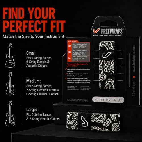 Gruv Gear Fret Wrap & Guitar Mute, Fretwrap for Acoustic, Electric & Bass | String Dampener Recording, Tapping & Practice Accessory (1 Pack, Small Bandana Black, Fits 4 String Bass, 6 String Guitar)