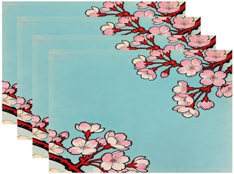 Batmerry Shabby Chic Cherry Blossom Linen Placemats Set of 4, Red Black Cherry Branch Washable Table Mats for Kitchen Table Thickened Heat Insulation Dining Set Indoor Outdoor 12X18 in