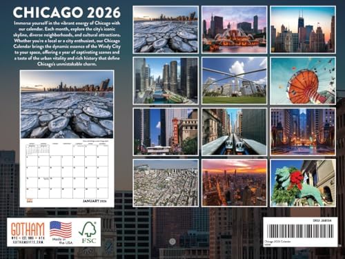 Chicago Calendar 2026 Wall 12 Month Monthly IL Scenic Souvenirs Themed Gifts | American Made In The USA