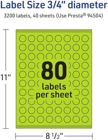 Avery Printable Round Labels, Sure Feed Technology, 3/4" Diameter, Bright Green Labels, Print-to-the-Edge, Laser/Inkjet, 3,200 Total, Great for Price Stickers and Mailing Seals