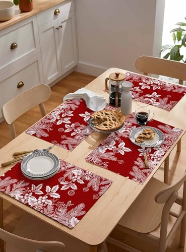 Red Christmas Placemats Set of 4, Floral Pine Leaf Xmas Balls Heat Resistant Washable Table Place Mats White Winter Holidays Cotton Table Linens Party Holiday Decor for Kitchen Dining Outdoor Indoor