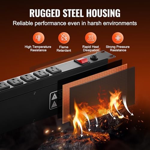 VEVOR 12 Outlet Horizontal 1U Rack Mount PDU Power Strip for Network Server Racks, Surge Protection & Overload Protection, 110-125V/15A, with 6ft 14AWG Power Cord