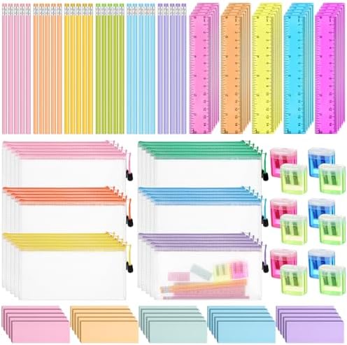 Watersay 240 Pcs Stationery Supplies Kit Includes 120 HB Writing Instruments 30 Eraser 30 Ruler 30 Sharpener 30 Mesh Zipper Pouch Bags, Stationery for Exchange Gift(Bright Colors)