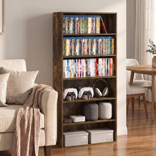 Furinno Basic DVD Shelf, 6-Tier Media Shelf, CD Rack, Amber Pine | 7 x 24 x 53, Open Shelf for DVD Blueray Game Disc, Cube Storage Organizer, for Living Room, Bedroom, Home Office