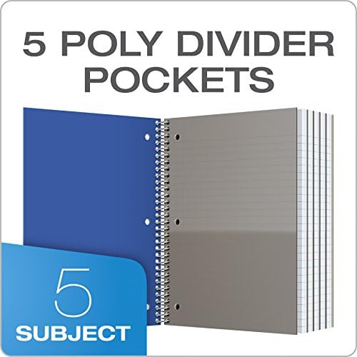 Oxford Spiral Notebooks, 5-Subject, Writing Journals, Wide Ruled Paper, Durable Plastic Cover, 200 Sheets, 5 Durable Divider Pockets, 2 Pack, Black and Blue (10387)