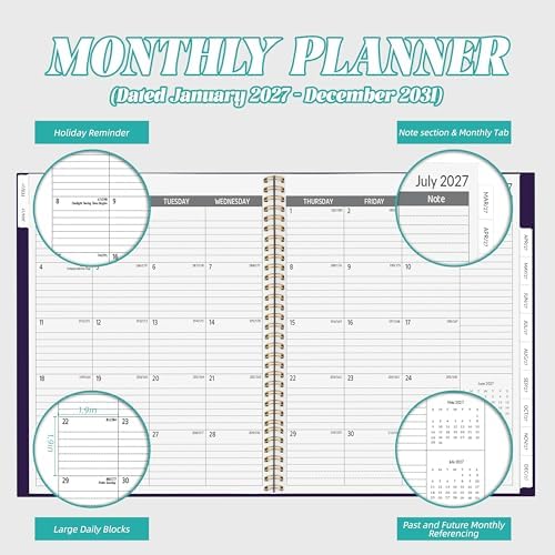 2027-2031 Monthly Planner, 5 Year Monthly Planner/Calendar 2027-2031, 60-Month Jan 2027 – Dec 2031, 9" x 11", Tabs, Double-Side Pocket, Holidays, Thick Paper - Purple