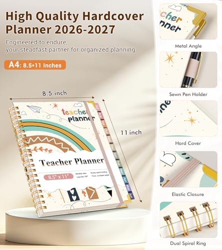 Teacher Planner 2026-2027, July 2026 - June 2027, Academic Weekly & Monthly Calendar Planner with Tabs, 8.5" x 11" A4 Teacher Lesson Plan Book with 7 Periods, Daily Agenda School Organizer for Teacher Student Homeschool, Rainbow