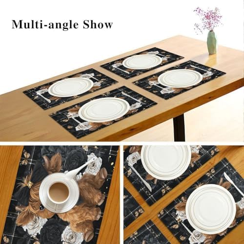 ALAZA Highland Cow Rose Butterfly Set of 6 Placemats Rectangle Table Mat for Dining Table Restaurant Kitchen Home Decor, 12" x 18"