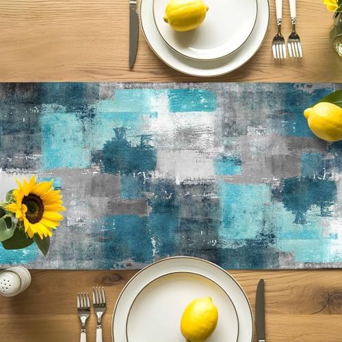 Teal Grey Abstract Art Table Runner Dresser Scarf 13 x 120 Inch Modern Turquoise Color Block Graffiti Table Runners Non-Slip Heat Resistant Kitchen Dining Table Decor for Home Holidays Indoor Outdoor