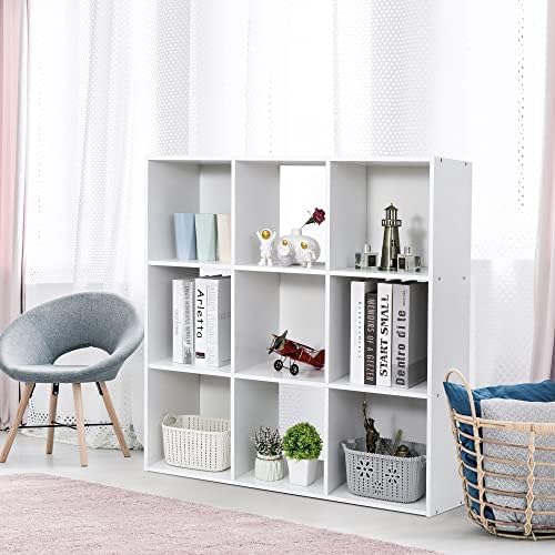 SUPER DEAL 9 Cube Storage Organizer 11 inch Cube Storage Shelf 3 x 3 Wood Bookcase Display Bookshelf with 5 Removable Back Panels for Kids Children Home, Office, Bedroom, Living Room, White