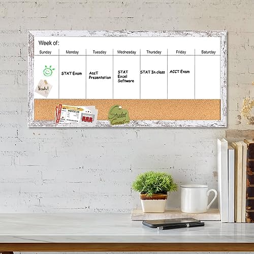 Magnetic Weekly Whiteboard and Cork Board, White Wood Frame, 24" x 12"