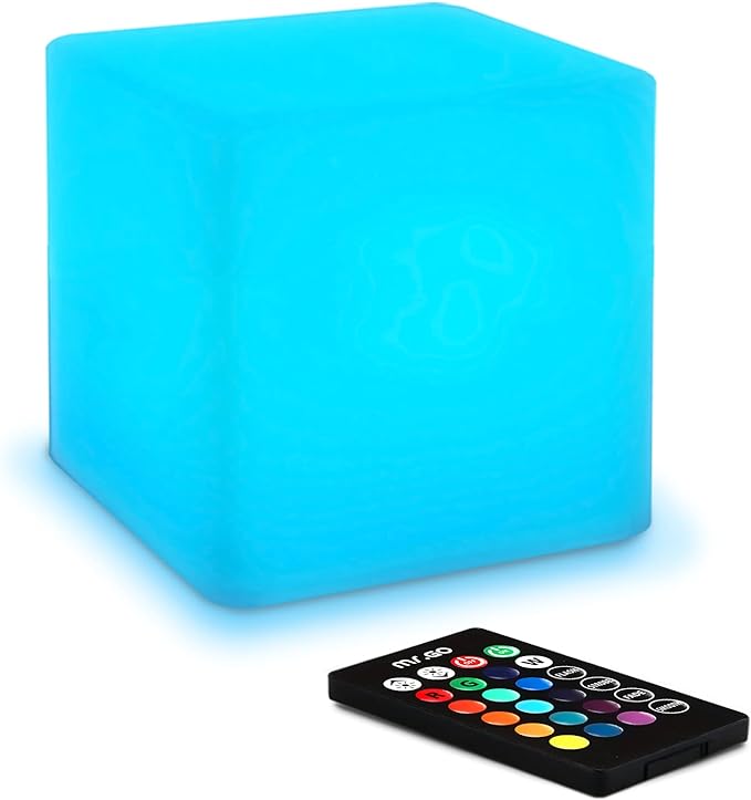 Mr.Go 4-inch LED Cube Light, Dimmable Kids Night Light Mood Lamp w/Remote | 16 RGB Colors,4 Lighting Effects,8-Level Dimming,Rechargeable 1000mAh Battery,Waterproof for Desk Bedroom Nursery Party Decor