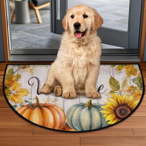 Autumn Pumpkin Sunflower Wood Half Round Door Mat, Non-Slip Welcome Indoor Entrance Way Rug Semi Circle Front Doormats Washable Bathroom Kitchen Floor Mat, Outdoor Rugs for Garage, Patio, Hearth Rug