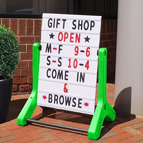 EXCELLO GLOBAL PRODUCTS Swinging Changeable Message Sidewalk Sign: 24" x 36" with 792 Pre-Cut Double Sided Letters and Storage Box. Includes Black Board & Letter Board (Green Color Legs)