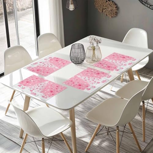 Pink Christmas Placemats Set of 6, White Xmas Tree Snowflakes Pink Balls Heat Resistant Washable Table Place Mats Winter Cotton Table Linens Party Holiday Decor for Kitchen Dining Outdoor Indoor